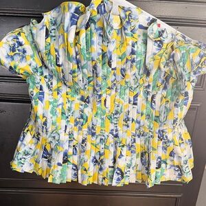 White House Black Market Floral Pleated Blouse - Blue, Yellow, Green